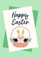 Happy Easter simple card with bunny in basket. Design with text on green background. Happy Easter hand drawn card. Flat illustration with partial outline. illustration. vector