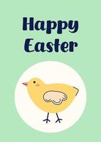 Happy Easter simple card with chicken. Design with text on green background. Happy Easter hand drawn card. Flat illustration with partial outline. illustration. vector