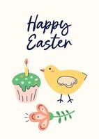 Happy Easter simple card with chicken, kulich and flower. Design with text on light beige background. Happy Easter hand drawn card. Flat illustration with partial outline. illustration. vector