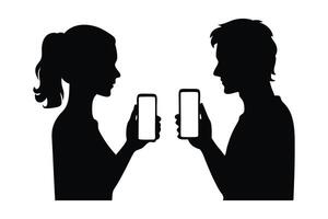 Young woman and man hold smartphone silhouettes set isolated flat illustration on white background. vector