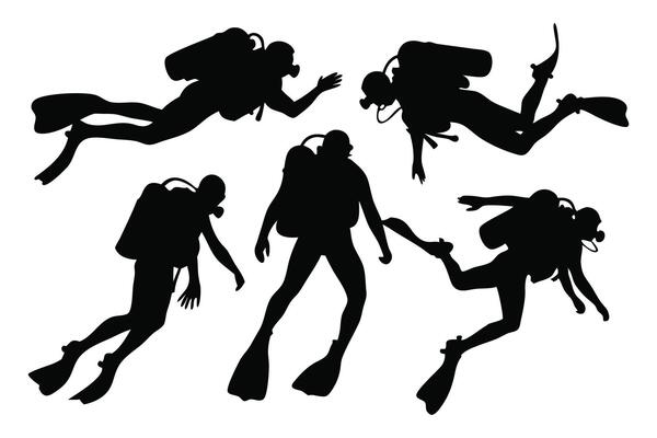 Scuba diver silhouettes set isolated flat illustration on white background