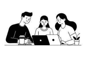 Group of individuals collaborates around a table each using their laptops for a productive discussion Hand drawn black doodle line art flat illustration on white background vector