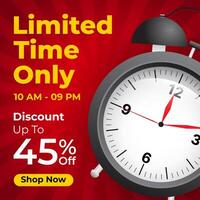 limited time only banner design with alarm clock on red background vector