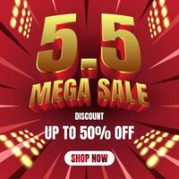 3d 5.5 mega sale banner design with gold and red color vector