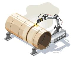 Isometric Isolated Illustration of an Industrial Robotic Arm Performing Automated Welding on a Large Metal Pipe vector