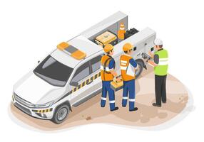 Illustration of an Engineer Explaining Structural Details to Maintenance Workers at an Industrial Worksite with a Fully Equipped Service Truck vector