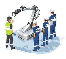 Isometric Isolated Illustration of Engineers Receiving Training on Industrial Robotic Arm for Automation in Smart Manufacturing cartoon vector