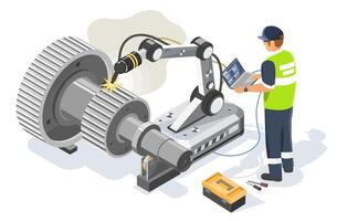 Isometric Isolated Illustration of an Industrial Robotic Arm Performing Automated Welding on a Large Gear Shaft Under Engineer Supervision vector