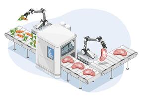 Future Plant-Based Meat Production Line with AI Robotics Processing Vegetables into Alternative Protein Products isometric cartoon vector