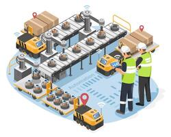 Isometric Smart Factory Automation with Engineers Monitoring AGV Robots and Conveyor System Isolated for Industry 4.0 vector