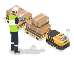Isometric Isolated Smart Warehouse with Automated Guided Vehicle AGV and Engineer Controlling Logistics in Industry 4.0 vector