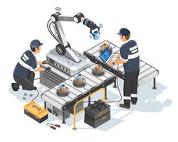 Isometric Isolated Illustration of Engineers Calibrating and Configuring an Industrial Robotic Arm on a Smart Factory Production Line vector