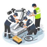 Isometric Isolated Illustration of Engineers Installing and Maintaining an Industrial Robotic Arm for Automation in Smart Manufacturing vector