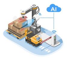 Isometric AI-Powered Smart Logistics System with Automated Inspection and AGV Robot Isolated for Industry 4.0 vector