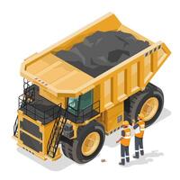 Isometric Isolated Illustration of a Heavy-Duty Mining Truck Transporting Raw Ore with Engineers Supervising Operations vector
