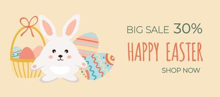 Happy easter sale. A cute little rabbit, hare, easter bunny in with easter eggs on yellow background. Can be add text. Design for banner, poster, postcard. EPS10. vector