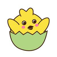 Cute little chicken, sitting in shell, cartoon character isolated on white background. Art illustration in flat style. A separate element for your design. vector