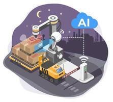 Isometric Isolated Illustration of AI-Powered Smart Logistics and Automated Package Inspection at Night in an Industrial Warehouse working no human vector