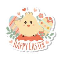 Happy easter sticker. A cute little chick sitting on a shell with flowers and easter eggs on white background. Can be add text. vector