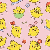 Seamless pattern with cute little chickens on pink background. vector