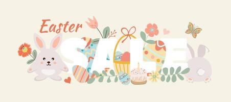 Happy easter sale. Cute little rabbit with easter eggs, flowers on yellow background. Can be add text. Design for banner, poster, postcard. EPS10. vector