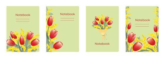Set of cover designs for notebook, notepad, book, catalog with red tulips and mimosa flowers. Vertical format A4, A5. vector