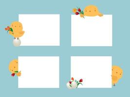 Yellow chicken with congratulate stickers. Spring photo frame with flowers chicken and eggs vector