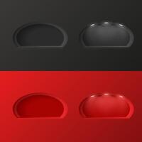 Set of niches in the walls, arched empty shelves oval round shape on black and red backgrounds. Place for presentation of your product. vector