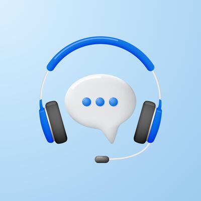Headphones with microphone and speech bubble in 3D style. Concept of hotline support service, call center or online consultation.
