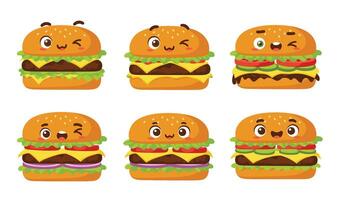 Funny Burger Character with Cute Expressions and Happy Cheese Layers vector