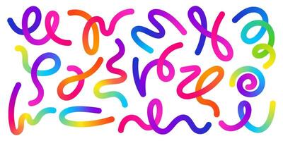 Bright Confetti and Gradient Lines with 3D Festive Ribbons, Rainbow Fireworks, and Spiral Streamers. Colorful Birthday and Carnival Elements on a White Background vector