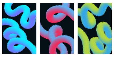Set of fluffy neon ribbons, abstract 3D fluffy curvy shapes on dark background, gradient lines vector