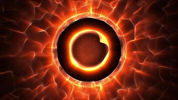 VJ loop animation with abstract hot sphere made of glowing particle waves on a dark background. Fire colored substance with round form in a center for music performance and art visualization. 4K 60fps video