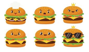 Tasty Funny Cheese Burger with Happy Emotions and Kawaii Style Animation vector