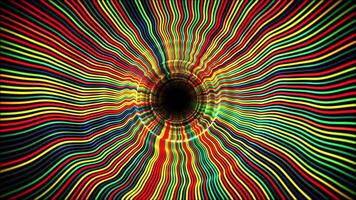 Colorful abstract tunnel with waves of bright psychedelic stripes and dark round space in a center. Hypnotic corridor made of vibrant color lines for events, festivals and music stage shows. 4K 60fps video