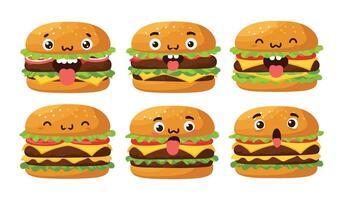Playful Fast Food Burger with Smiling Face and Funny Kawaii Expression vector