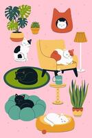 Postcard or poster with cats in the interior. graphics vector