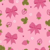 Pink seamless pattern with strawberries and bows. graphics vector