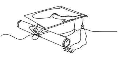 continuous one line drawing of graduation hat certificate vector