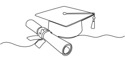 One continuous line drawing of graduation hat certificate and graduation letter paper roll vector
