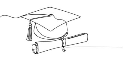 Graduation cap and scroll continuous one line drawing minimalist design vector