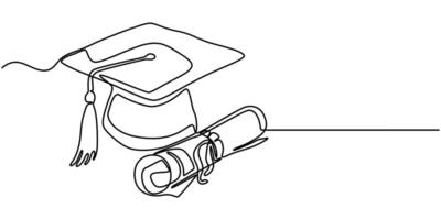 Single continuous one line drawing graduation hat and ribbon graduation paper roll certificate of graduation vector