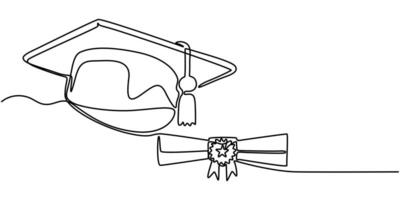 Graduation cap and rolled diploma in continuous one line drawing vector