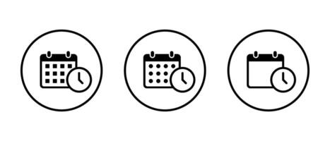 Calendar, event time icon set on circle line. Date with clock sign symbol vector