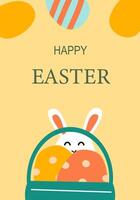 Cute easter bunny with colorful eggs in basket on pastel background vector