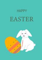 Happy easter card with white bunny and colorful egg on green background vector
