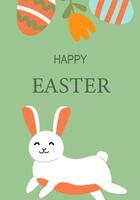 Happy easter greeting with bunny and colorful eggs on green background vector
