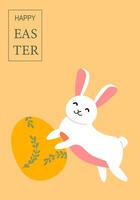 Cheerful easter bunny with egg on yellow background vector
