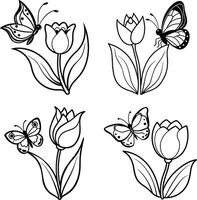 Suite of floral illustrations coloring sheet flower patterns in spring and summer colors vector