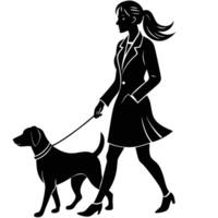 Silhouette of a Woman Walking with a Dog on a White Background vector